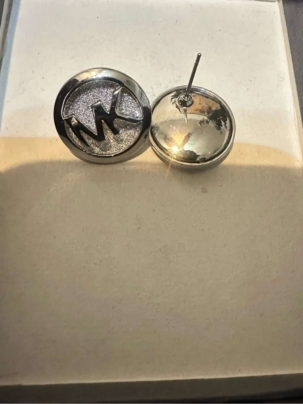 Michael Kors Silver Glitter MK Logo Stud Earrings